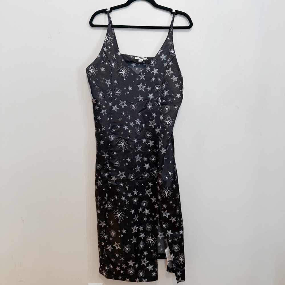AMP Celestial Star Print Satin Midi Slip Dress 90’s Glitter Club Indie Witch Y2K